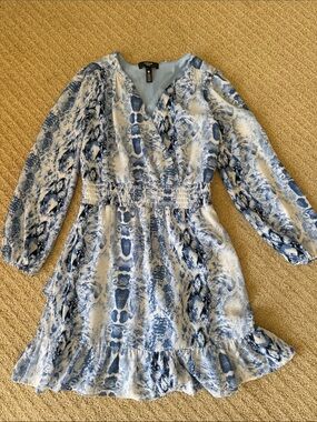 Aqua Blue & White Snake-Print Wrap Dress with Ruffle Hem